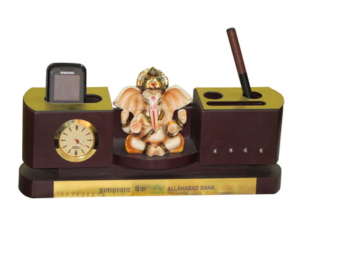 Allahabad Bank - Wood 15x10x5 cm Dark Brown, Analog Clock | Organized Workspace, Time Management, Mobile Stand, Pen Holder