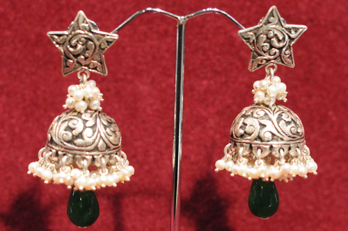 Pearl Jhumka - 92.5% Silver, 7.2 cm, White Pearls & Green Onyx, Handcrafted Elegant Design