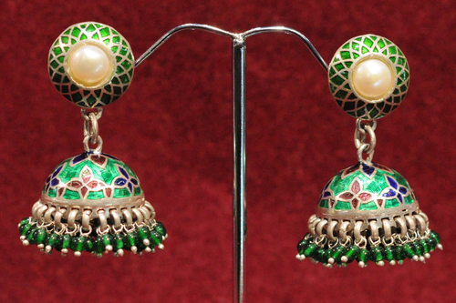 Green Meenakari Pearl Jhumka