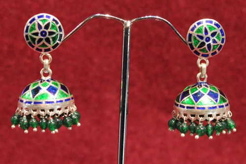 Undefined - Silver Enamel Jhumka, 4 cm Length, Green Accents, Post Fastening, Elegant Bohemian Style