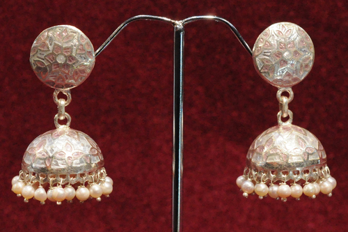 Jhumka Earrings - Sterling Silver, 15x10 mm, 5 Grams, Oxidized Finish, Pearl Accents, Handcrafted Elegant Design