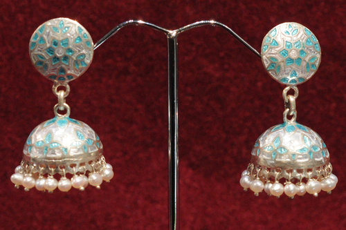 Sterling Silver Jhumka Earrings - 15x10 mm, Aqua Enamel, Pearl Accents, Gift Box
