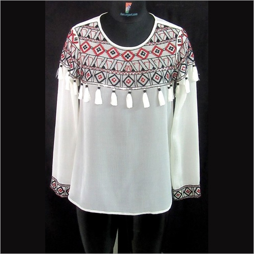 Ivory Maroon Black Embroidered Women Top