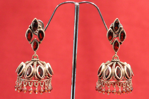 Silver Alloy Jhumka Earrings - 2x1 Inches, Oxidized Finish, Red Garnet Gemstones, Lightweight Party Wear