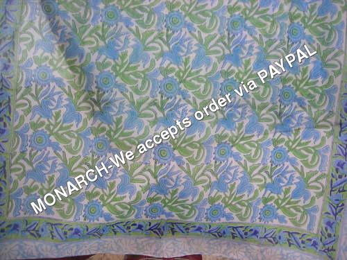 3 Color Blue Flower Hand Block Print Fabric
