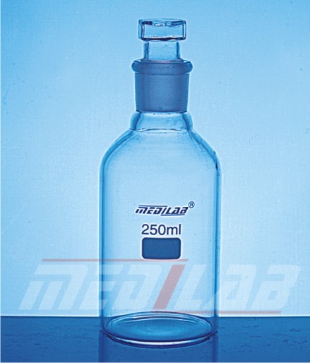 Reagent Bottle - Glass, Wide Mouth, Interchangeable Hollow Glass Stopper, Various Capacities, Amber Option