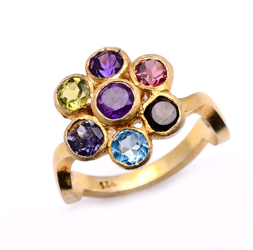925 Sterling Silver Multi Semi-Precious Gemstone Ring
