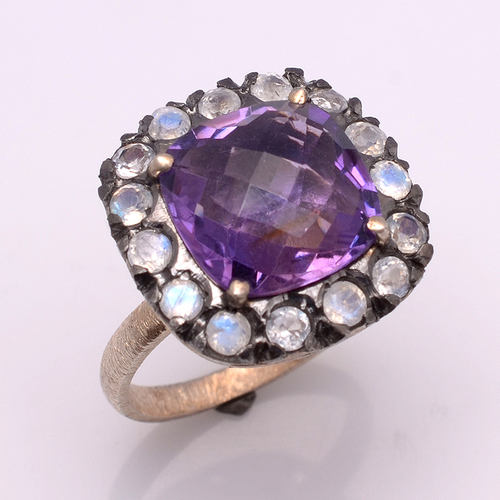 925 Sterling Silver Amethyst & Rainbow Moon Gemstone Ring