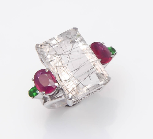 925 sterling silver Black Rutile, Ruby & Tsavorite gemstone Ring