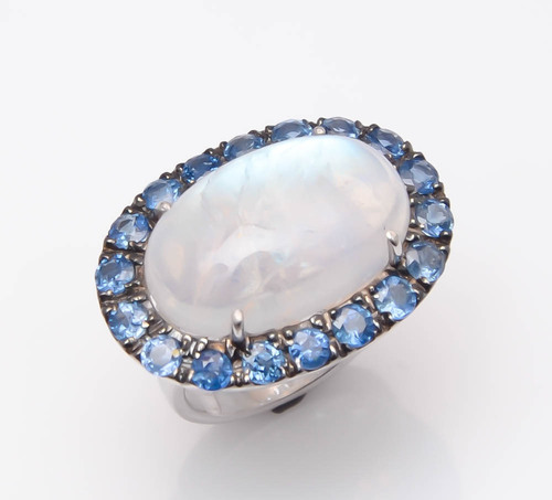 925 Sterling silver Rainbow Moon & Blue sapphire gemstone ring