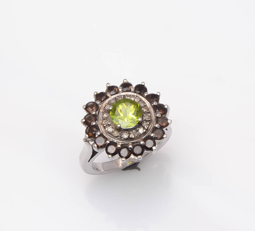 925 Sterling Silver Peridot, Smoky Topaz & Diamond Gemstone Ring