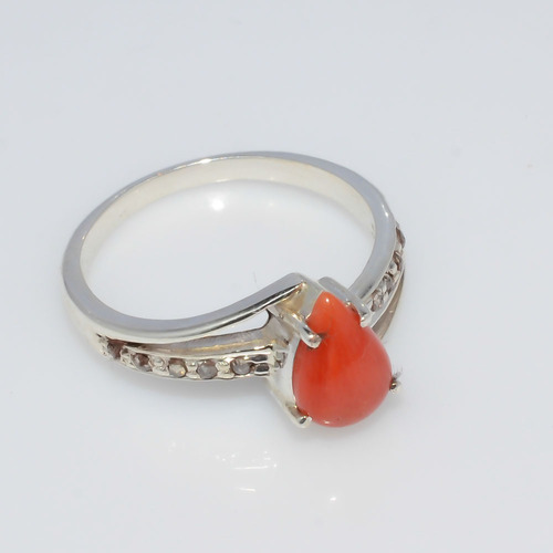 925 Sterling silver Coral & diamond Gemstone ring