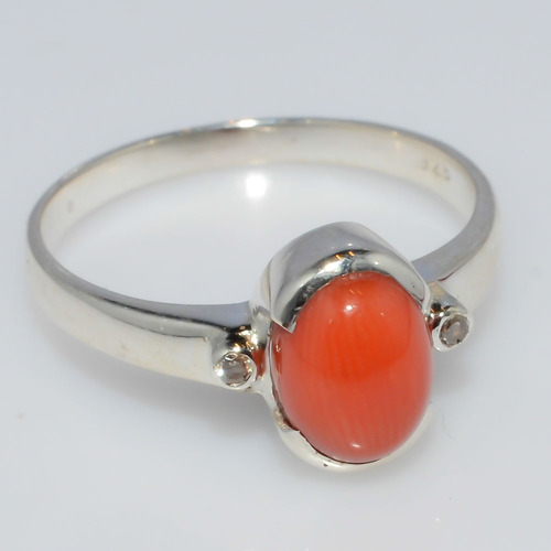 925 Sterling silver Coral & diamond Gemstone ring