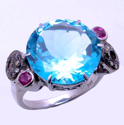 925 sterling silver Blue topaz , Ruby & Diamond Gemstone ring