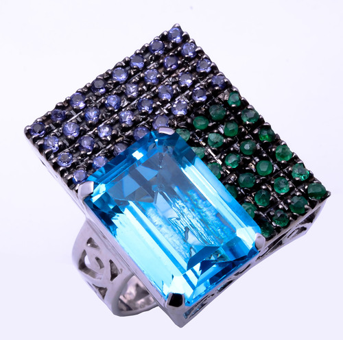 925 Sterling silver Blue topaz ,Emerals & sapphire Gemstone Ring