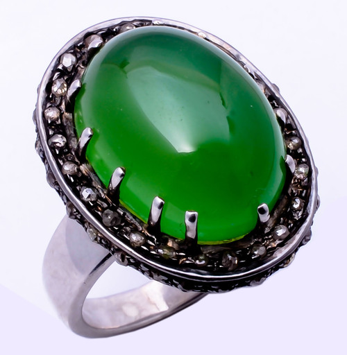 925 Sterling Silver Tsavorite & Diamond gemstone Ring