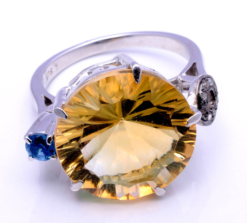 925 sterling silver golden Topaz ,Blue Topaz & Diamond gemstone Ring