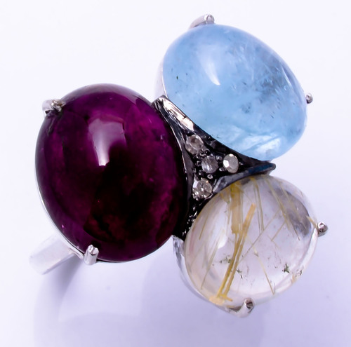 925 Sterling silver Blue Topaz ,Tourmaline,Golden Rutile & Diamond gemstone Ring