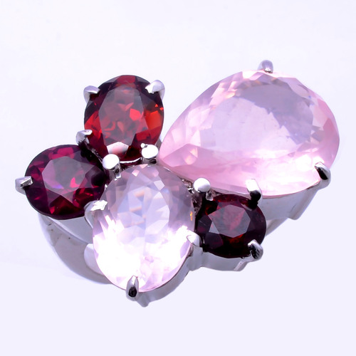 925 Sterling Silver Rose Quartz & Garnet Gemstone Ring