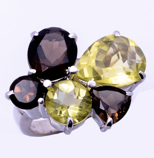 925 sterling silver Lemon topaz & Smoky Topaz ring