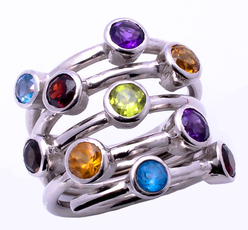 925 Sterling Silver Multi Semi-Precious Gemstone Ring