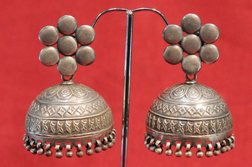 Sterling Silver Jhumka Earrings - 25x15 mm, Oxidized Finish, Floral Accent, Traditional Look