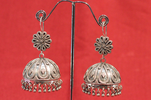 Silver 2 Inch Jhumka Earrings - Silver Material, Hook Fastening, Floral Accent, Lightweight