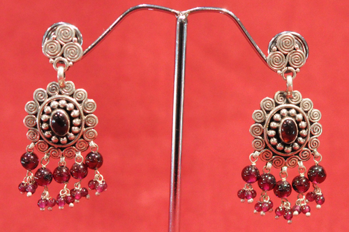 Sterling Silver Garnet Dangle Earrings - 50 mm, Oxidized Finish, Elegant Design