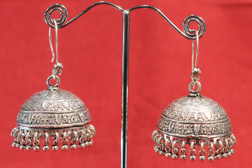 Sterling Silver Earrings - 25x15 mm, Silver, Hook Fastening | Jhumka Style, Lightweight, Durable, Elegant Design