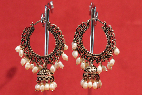 Alloy Pearl Earrings - 30 mm, Gold, Hook Closure | Elegant Design, Antique Finish, Lightweight, Durable