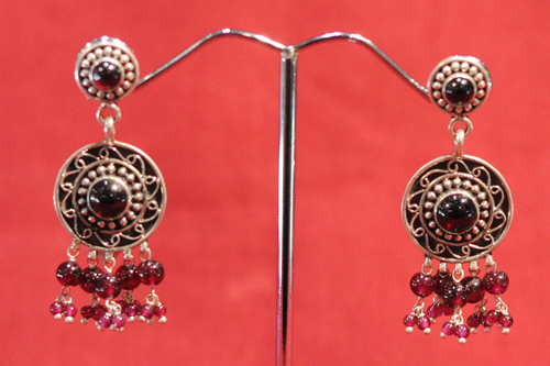 Sterling Silver 50mm Earrings - Oxidized Finish, Garnet Accents, Elegant Dangle Design