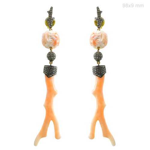 Coral Diamond Gold Dangle Earrings