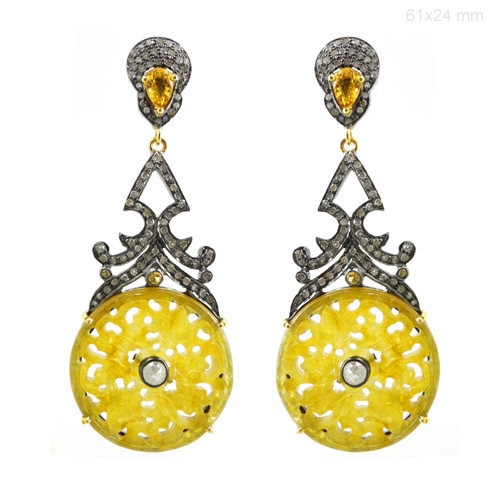 Yellow Sapphire Jade Carving Diamond Gold Earrings
