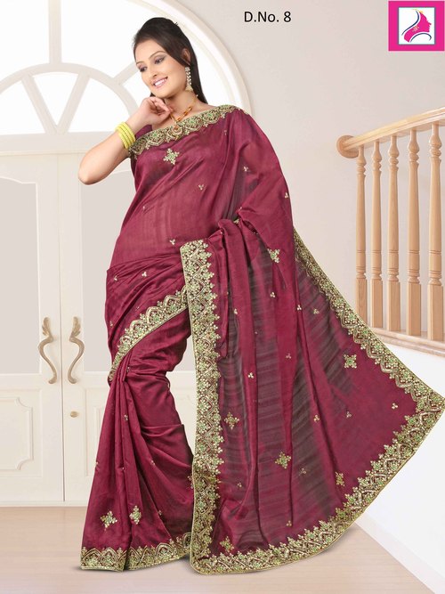 Incredible Maroon Designer Embroidery Silk Ever Green Saree
