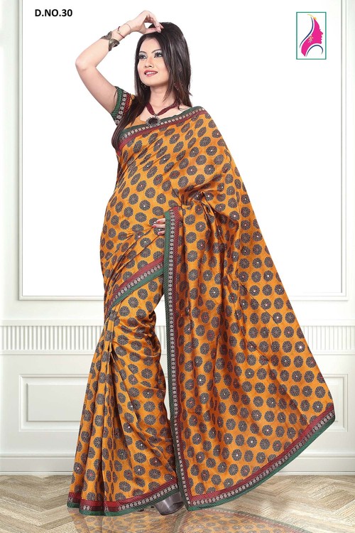 Fascinating Orange Designer Fancy Ever Green Saree
