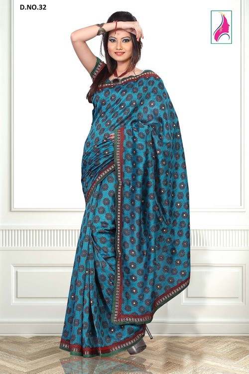 Esthetic Teal Blue Designing Ever Green New Saree