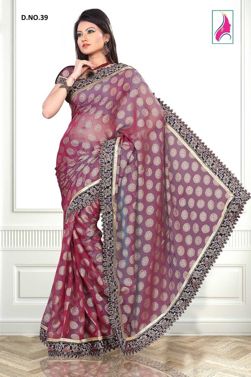 Stunning Pink Net Jacquard Designer Ever Green Saree