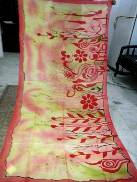 Hand brush paintings in silk scarfs