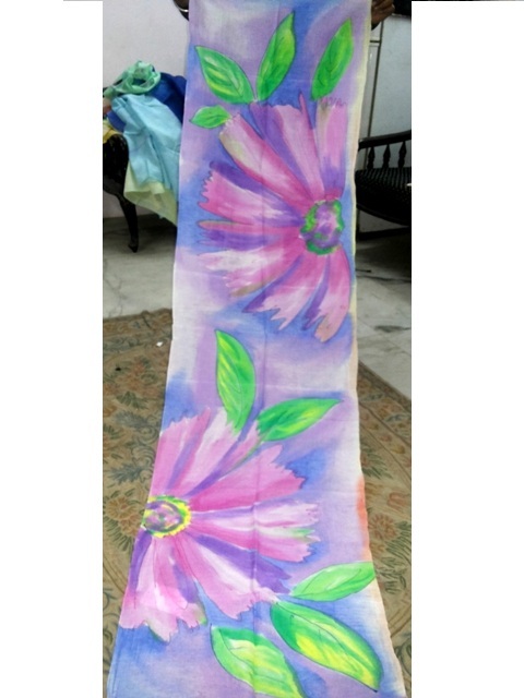Hand Brush Paintings In Silk Scarfs - 100% Pure Mulberry Silk, Various Sizes, Pink Purple Green, Hand-Painted Luxury Texture