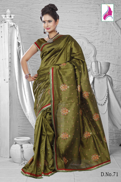 Awesome Mahendi Green Silk Embroidery New Arrival Saree