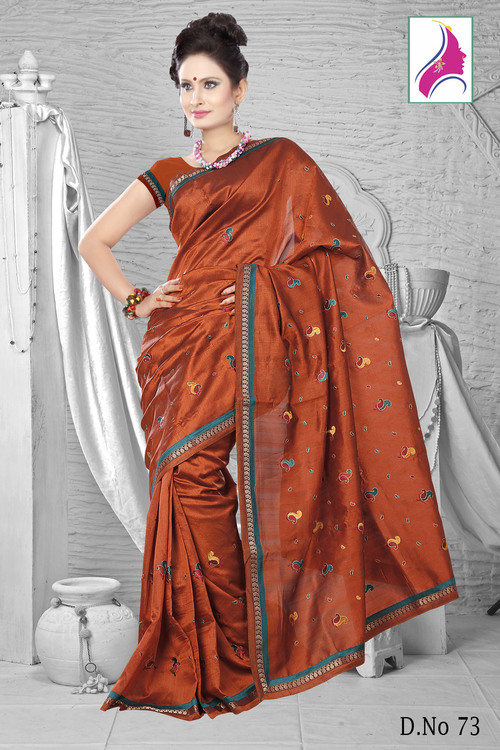 Enchanting Rust Embroidered New Arrival Silk Saree