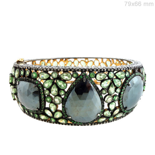 Black Spinel Tsavorite Diamond Gold Bangle