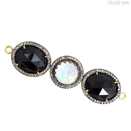 Black Spinel Moonstone Diamond Gold Finding - 14k Gold, 72x22 mm, Black Spinel & Moonstone, Diamond Accents, Trust Stamp Certification