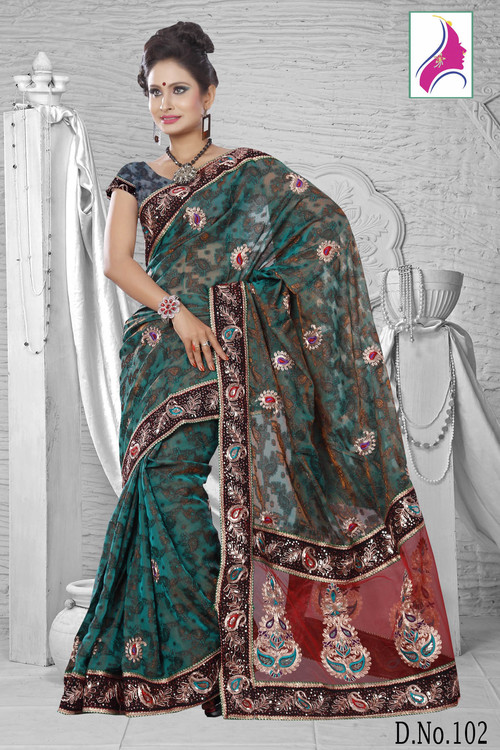 Spectacular Red & Green Designer New Arrival Net Jacquard Saree