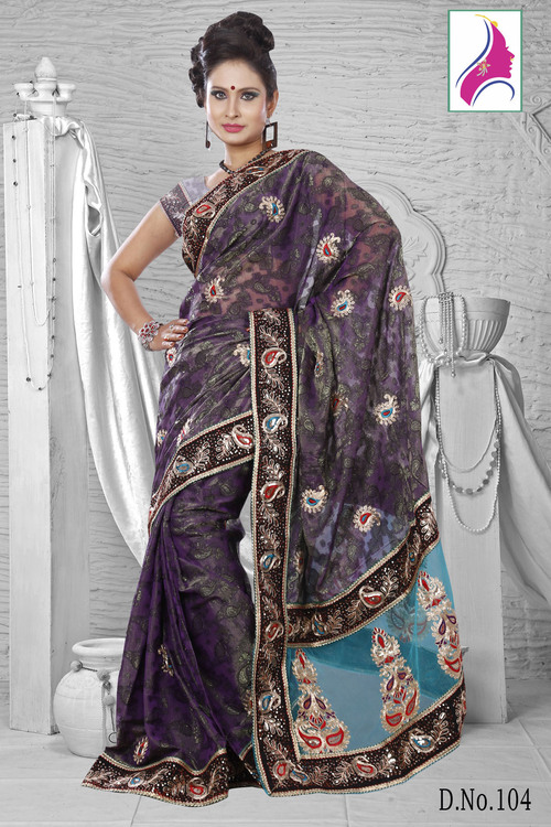 Zesty Violet & Blue Designer Net-Jacquard New Arrival Saree