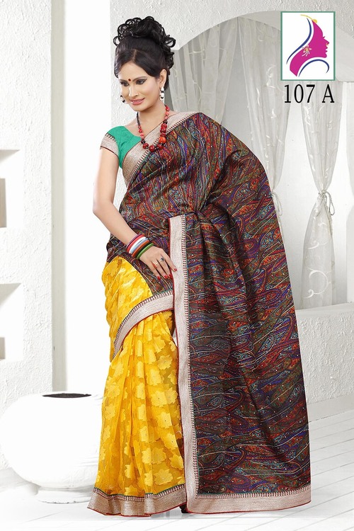 Fascinating Yellow-Brown Designer Party Wear Saree