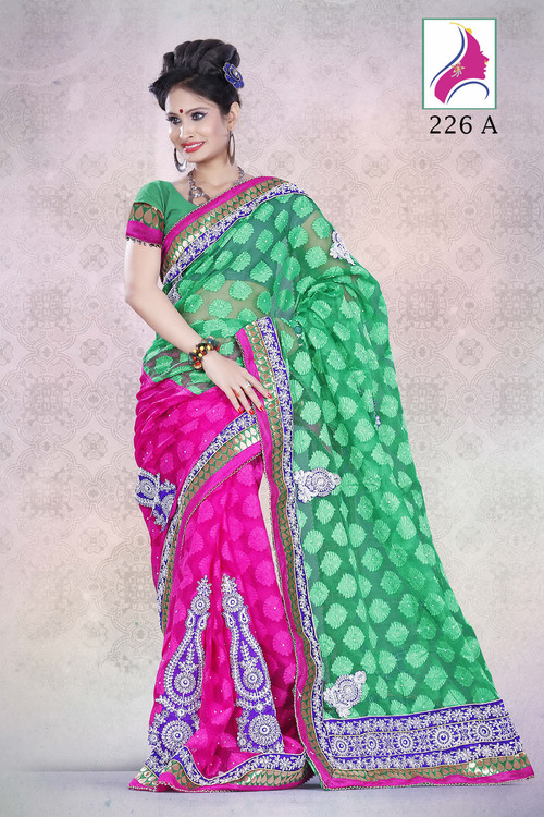 Esthetic Green-Magenta Designer Party Wear Saree