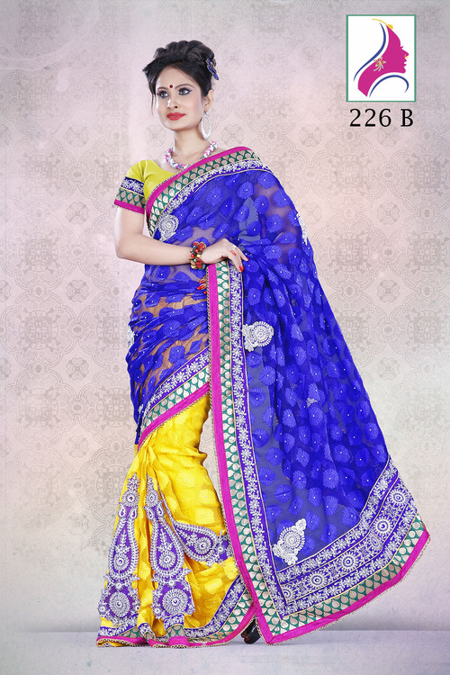 Enchanting Blue-Yellow Designer Party Wear Saree