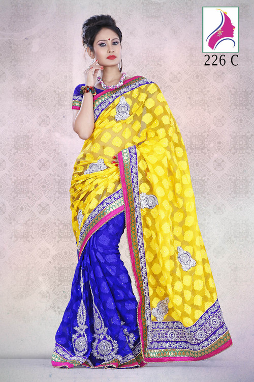 Artistic Yellow-Blue Designer Pary Wear Saree