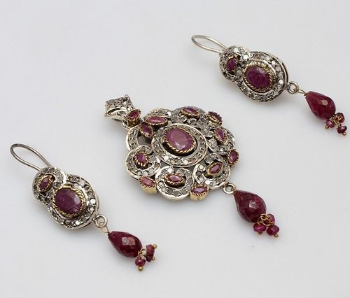 925 sterling Silver Ruby & CZ Gemstone Victorian Pendant Set